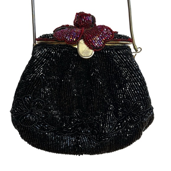 Vintage Handmade Black‎ Beaded Cross Body Bag Purse Evening Gold Strap Clutch